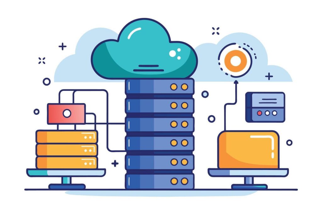 Infraestructura de servidores conectada a la nube en estilo vector.
