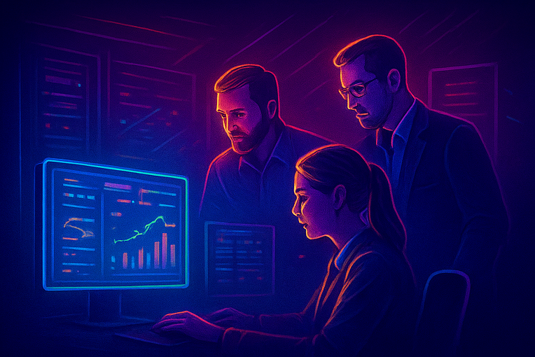 Equipo de especialistas monitoreando respaldos de servidores en la nube con pantallas de datos en tonos eléctricos y metálicos.
