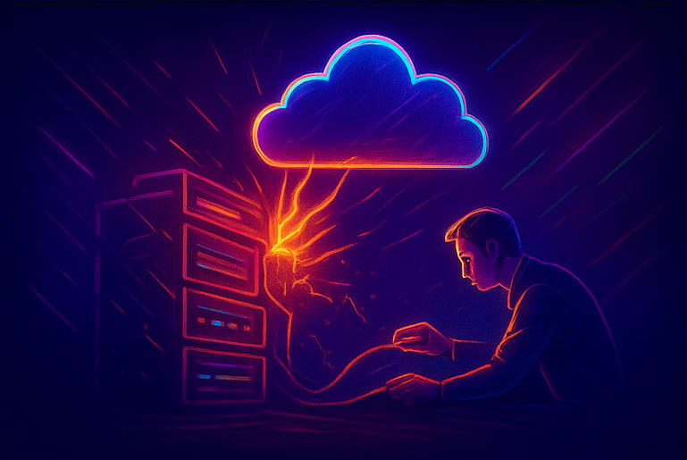 Técnico reparando un servidor dañado mientras una nube brillante realiza una copia de respaldo, simbolizando la prevención de errores en respaldos de servidores en la nube.