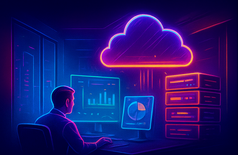 Profesional observando gráficos digitales y servidores conectados a una nube luminosa, representando la importancia de los respaldos de servidores en la nube.