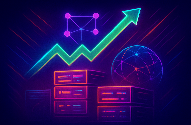 Servidores con flechas ascendentes y gráficas luminosas que simbolizan crecimiento, eficiencia y beneficios de los respaldos de servidores en la nube.