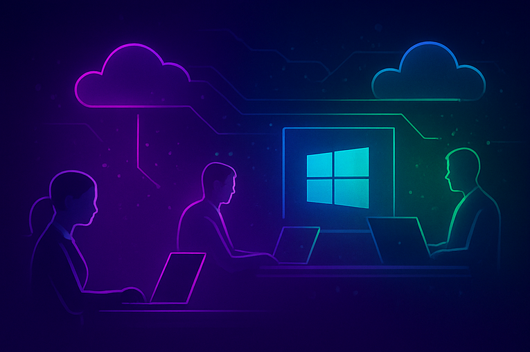 Equipo de trabajo colaborando en una plataforma para ejecutar sistemas Windows empresariales en línea, conectados a la nube.