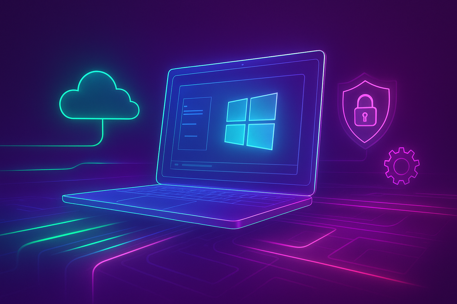 Ilustración digital de una plataforma para ejecutar sistemas Windows empresariales en línea con elementos de nube, seguridad y conexión de datos.