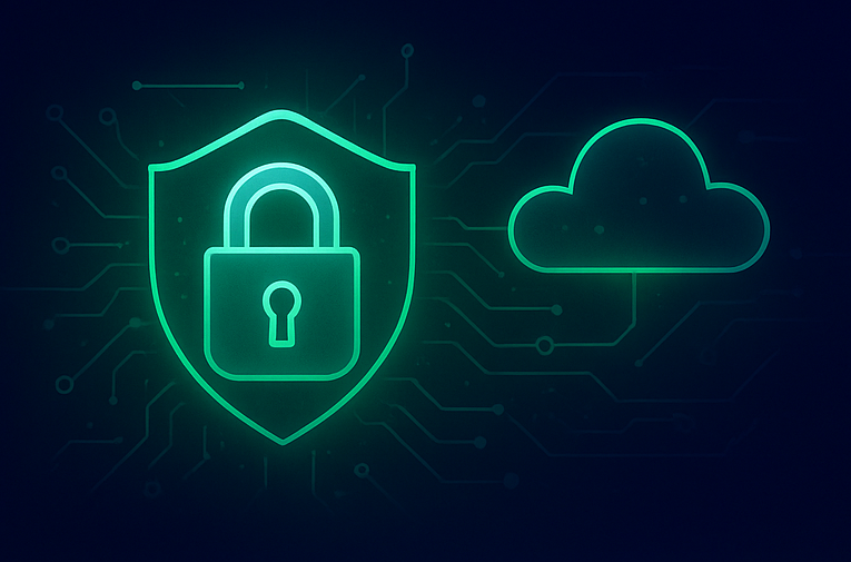 Escudo digital y nube que representan la seguridad en plataformas para ejecutar sistemas Windows empresariales en línea.