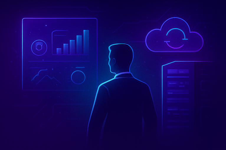 Profesional supervisando métricas y servidores virtuales en una plataforma para ejecutar sistemas Windows empresariales en línea.