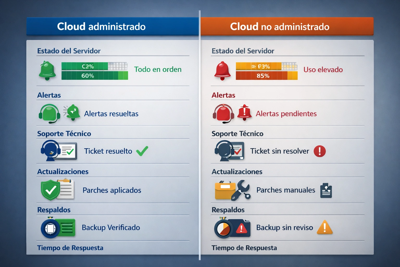 servidor cloud administrado vs no administrado con panel de monitoreo y soporte técnico
