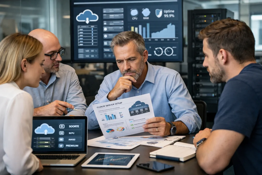 equipo administrativo y técnico revisando propuesta de infraestructura cloud
