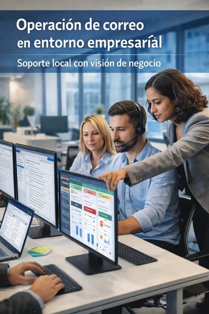 equipo administrativo operando correo corporativo y soporte técnico