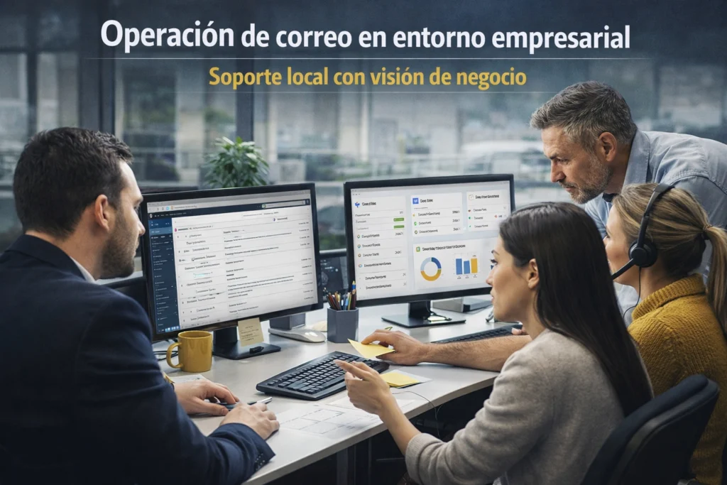 equipo administrativo operando correo corporativo y soporte técnico