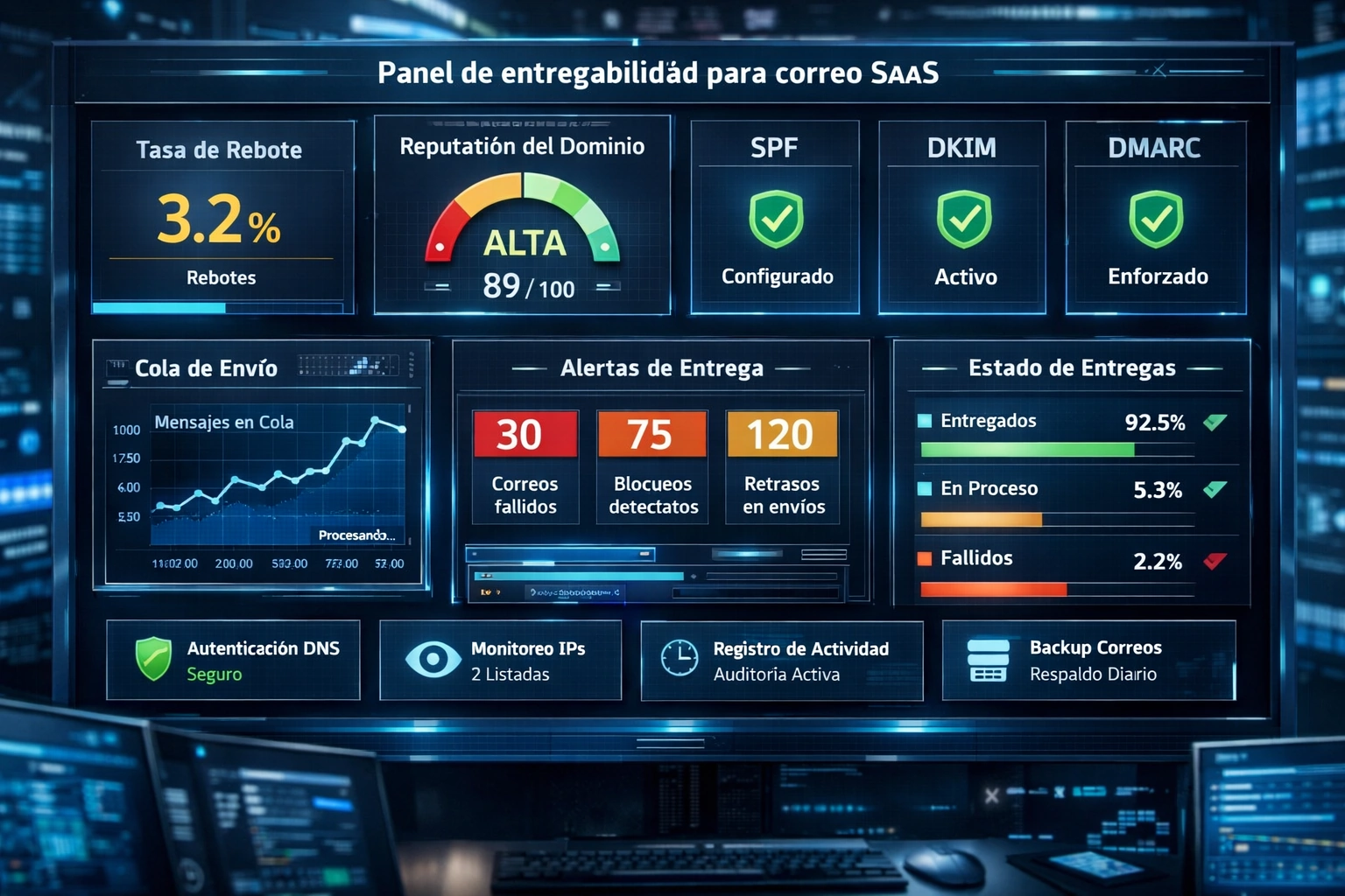 servicio de correo empresarial para plataformas SaaS con panel de entregabilidad y autenticación
