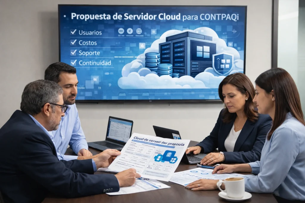 equipo administrativo evaluando propuesta de servidor cloud para sistema CONTPAQi