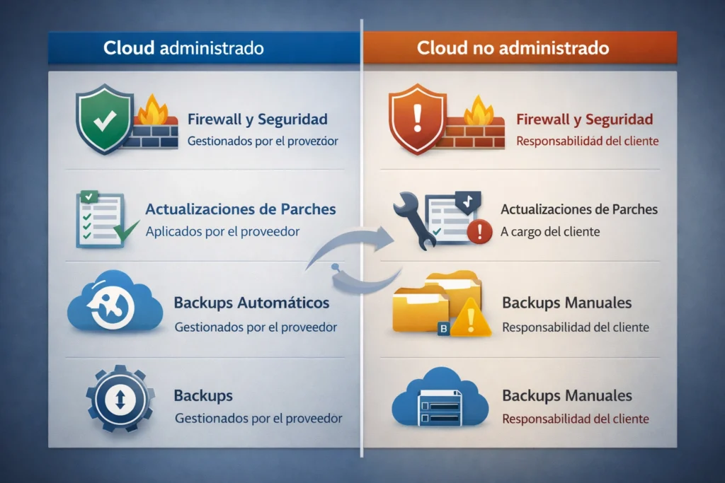 servidor cloud administrado vs no administrado en seguridad, parches y respaldos