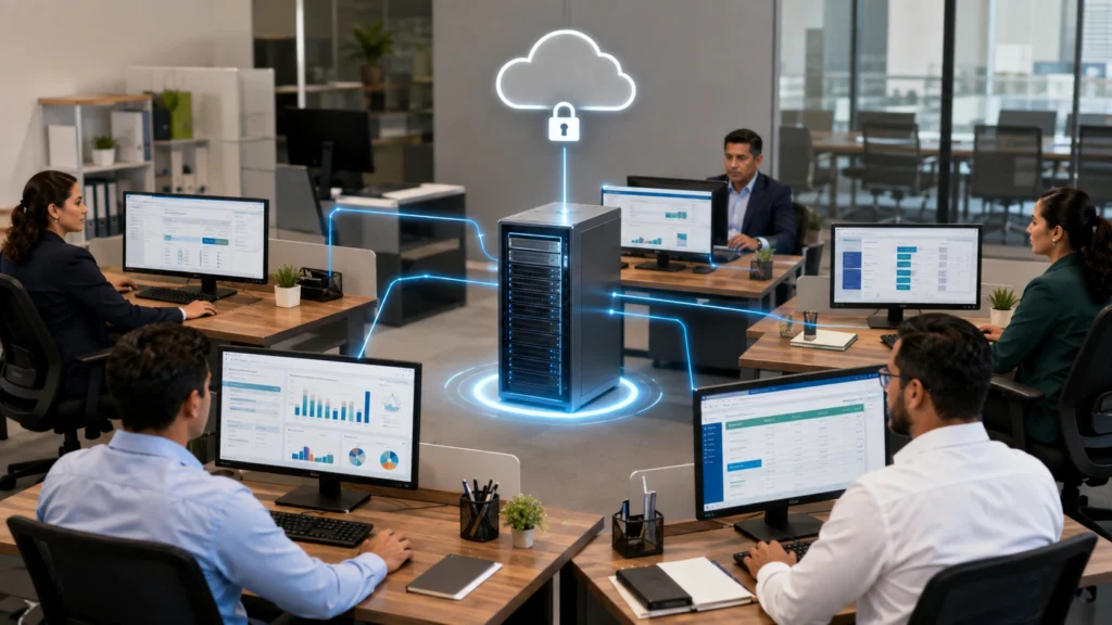 Equipo empresarial utilizando un servidor para ERP administrativo