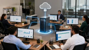 Equipo empresarial utilizando un servidor para ERP administrativo